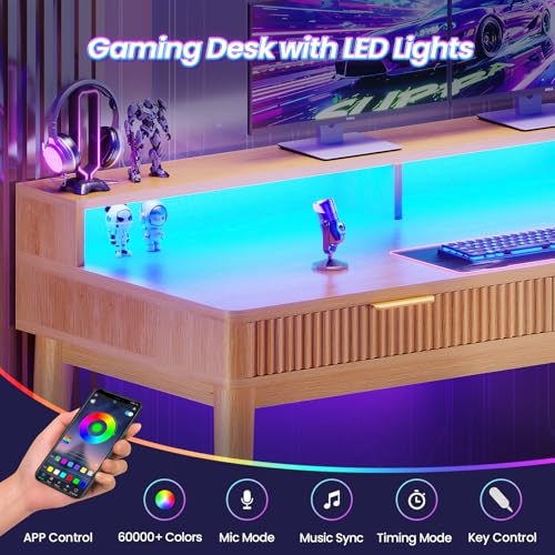 SEDETA 59" Computer Desk with 4 Storage Drawers, Fluted Wood Office Desk with File Drawer, LED Lights and Power Strip, Gaming Table Writing Desk for Home Office, Living Room, Bedroom, Oak - color: Oak