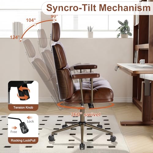 Mid-Century Modern Ergonomic Office Chair, High Back Headrest, Brown | Faux Leather Executive Desk Chair, Walnut Bentwood & Adjustable Headrest, Swivel Computer Chair for Home Office, 300LBS Cap - color: Brown, size: High Back Style