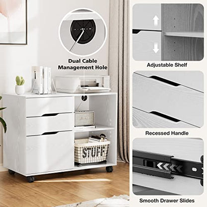 File Cabinet with 3 Drawers, Mobile Lateral Filing Cabinet with Open Storage Shelves for Home Office Under Desk Storage, White - color: White