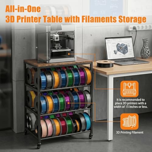 3D Printer Stand with Filament Storage, 4-Tier 3D Printer Table Cart Filament Storage Rack with Wheels, Heavy Duty Metal 3D Printer Desk Shelf for Studio Garage Office Workshop
