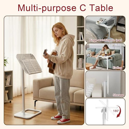 GOYLSER Adjustable Height Sofa C Table, 360° Swivel/180° Flip-Over Panel Side Table with Tablet Slots for Small Spaces, Morden TV Tray Couch Tables for Dinner Eating (White Marble) - color: White Marble, style: Angle Tilt