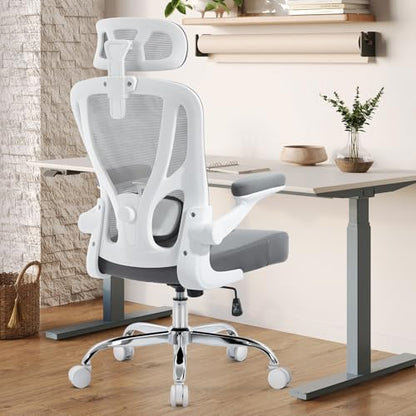 Ergonomic Office Chair, Mesh Office Desk Chair, Grey, 1 Pack | Lumbar Support, Head Support, Rocking Function, Flip-up Armrests, Mesh High Back, Suitable for Home, Office - color: Grey