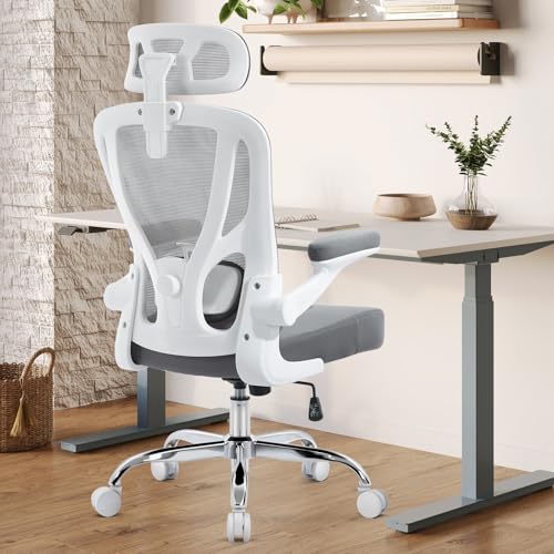 Ergonomic Office Chair, Mesh Office Desk Chair, Grey, 1 Pack | Lumbar Support, Head Support, Rocking Function, Flip-up Armrests, Mesh High Back, Suitable for Home, Office - color: Grey