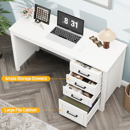 Vabches Farmhouse 49” Executive Desk with File Drawer, Cream White | 4 Drawers Reversible Computer Desk with Storage, Rustic Home Writing Workstation for Home Office - color: 49in Cream White
