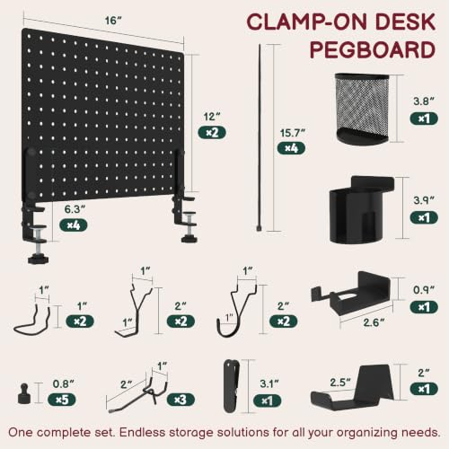 Clamp On Desk Pegboard 32" x 12" with Accessories Black | No Drill Metal Desktop Organizer & Privacy Panel, Vertical Storage Divider for Home Office and Gaming Setup