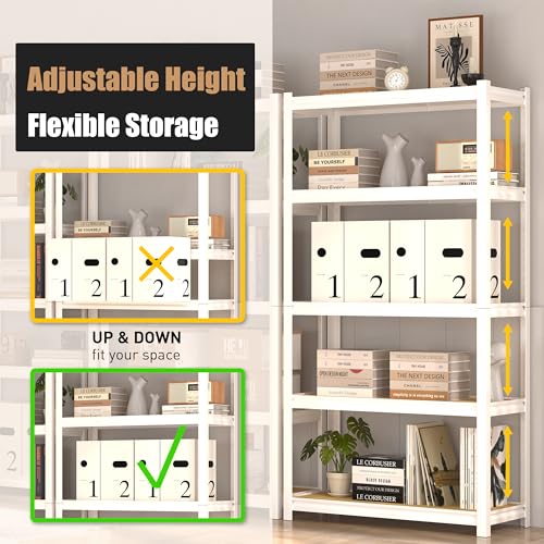 PrimeZone 35.4" W x 15.7" D x 72" H White Book Shelf, 5-Tier Bookcase | Modern Open Design, Adjustable Shelves, Standing Display Organizer for Books, Plants & Décor, Sturdy Double-layered Columns - size: 35.4" W x 15.7" D x 72" H