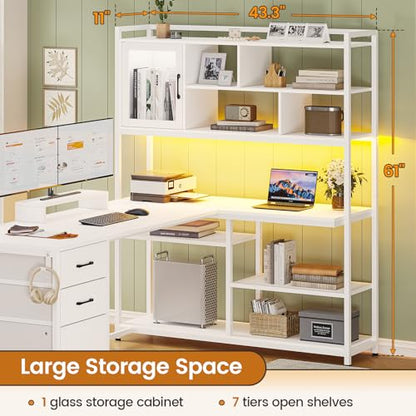SEDETA 58'' L Shaped Computer Office Desk with 3 Drawers and Bookshelf - color: White