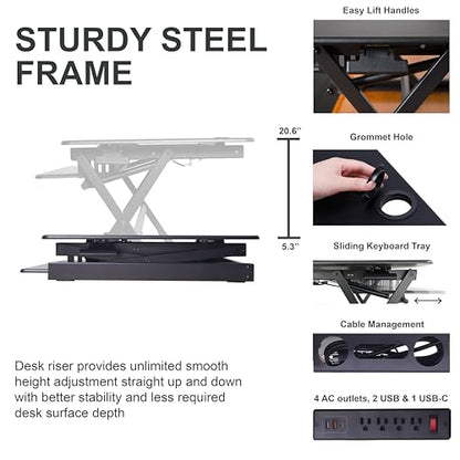 Rocelco 40" Height Adjustable Standing Desk Converter with AC Outlet USB Charger and Dual Monitor Arm Mount - Sit Stand Up Tabletop Riser - Sliding Keyboard Tray - Black (R DADRB-40-ACUSB-DM2) - color: Black Acusb, size: 40", style: Riser+Dual Mount