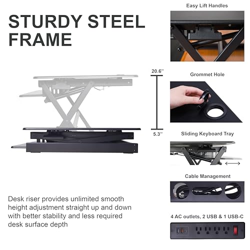 Rocelco 40" Height Adjustable Standing Desk Converter with AC Outlet USB Charger and Dual Monitor Arm Mount - Sit Stand Up Tabletop Riser - Sliding Keyboard Tray - Black (R DADRB-40-ACUSB-MA2) - color: Black Acusb, size: 40", style: Riser+Premium Dual Mou