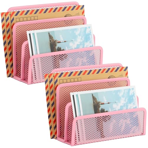 Desk Mail Organizer, Office Small Desktop Metal Mesh Envelope Letter Sorter Paper File Holder Organizer with 3 Vertical Upright Compartments, Pink 2 Pack - color: Pink, size: 2 Pack