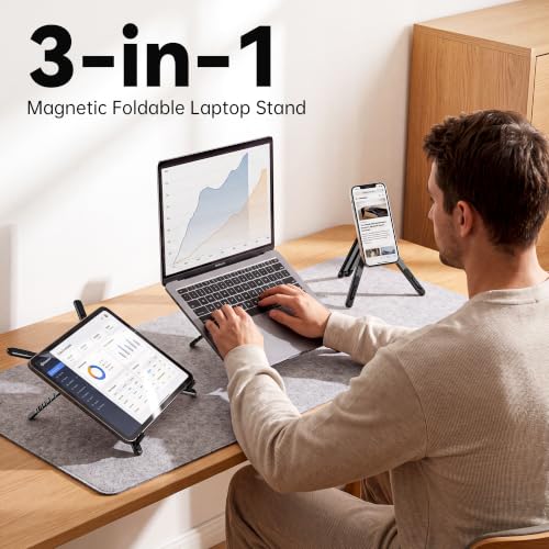 Portable Laptop Stand, 3-in-1 Magnetic Foldable Adjustable, for Desk（Black） | Aluminum alloy, lightweight compact, 8-level height, ergonomic, for phone/tablet, home office/travel - color: E05S-Black