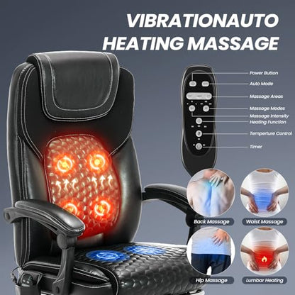MALOL Massage Office Chair with 3-Level Heat and Footrest – 20-Min Easy Assembly, 300 lbs Big and Tall Reclining Desk Chair, PU Leather Ergonomic Executive Computer Chair with Side Pocket, Black - color: Black, size: Set of 1, style: Modern