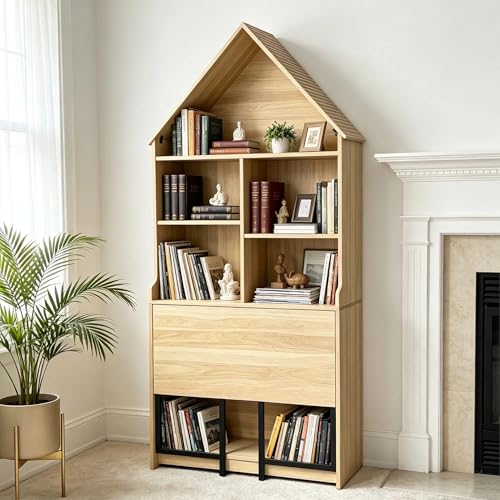 73.22" Folding Craft Desk with Storage Shelves & Hideaway Bookshelf, Wood - color: Brown, size: 31.5"L x 11.42"W x 73.22"H
