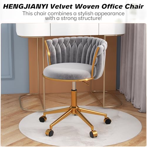 HENGJIANYI Velvet Woven Home Swivel Vanity Desk Chair with Gold Base, Gray | Modern Height Adjustable Office Chair with Metal Base and Hand Weaving Back Wheels for Bedroom Study Small Space girl women - color: Grey