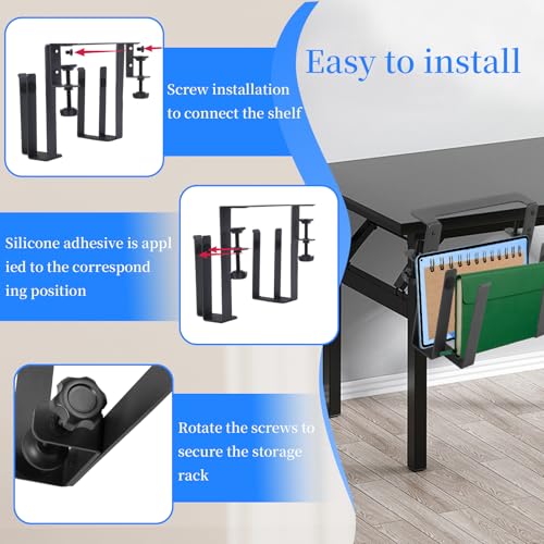 Desk Side Laptop Mount Metal Hanging Desk Side Storage, No Drilling Siding Table Organizer for Office Home Tablets,Laptop Holder Vertical(black-1-double-deck)