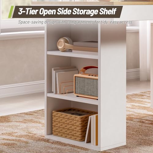 55'' Modern Executive Desk with Drawers, Wooden Computer Desk with File Drawer and Charging Station, 3-Tier Open Side Shelf for Home Office and Living Room, Natural and White