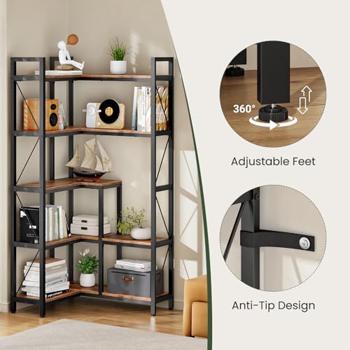 Corner Bookshelf, 5-Tier L-Shaped Bookcase, Corner Shelf with Metal Frame, Industrial Tall Display Shelf, for Living Room, Home Office, Bedroom, Rustic Brown TSJ12BF