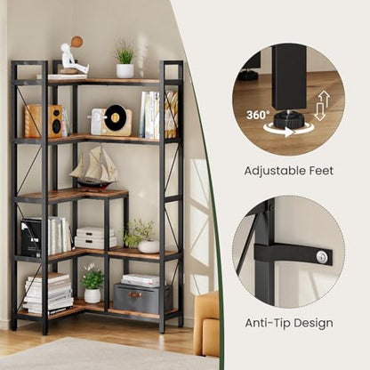 Corner Bookshelf, 5-Tier L-Shaped Bookcase, Corner Shelf with Metal Frame, Industrial Tall Display Shelf, for Living Room, Home Office, Bedroom, Rustic Brown TSJ12BF