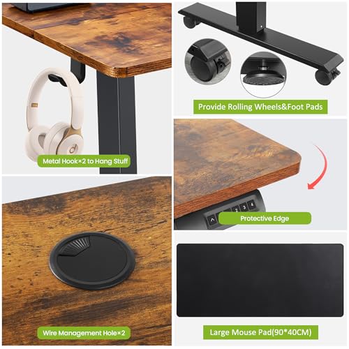 farexon 55 x 24inch Electric Standing Desk Adjustable Height with Power Outlets, Stand up Desk with Wheels,Outlets, Mouse Pad, Preset Heights Home Office Gaming Computer Workstations Table（Brown） - color: Brown, size: 55 x 24''-Outlets