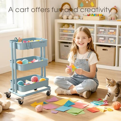 3 Tier Rolling Cart Metal Utility Cart with Lockable Wheels Home Office - color: Blue, size: Small