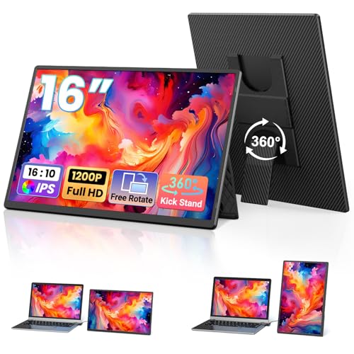 16.1" Portable Monitor for Laptop - 1200P FHD, Ultra-Thin Laptop Screen Extender Horizontal Vertical with 360° Rotating Detachable Stand, Plug & Play, Dual Travel Monitor for Laptop Wins Mac Chrome - color: Matte black