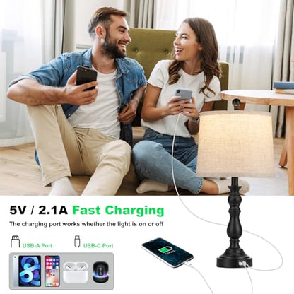 Black Table Lamps Set of 2, Black Lamps for Bedroom, USB C+A Ports - color: A.Beige, Black