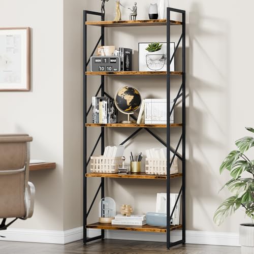 Vongrasig 5 Tier Metal Bookshelf, Narrow Industrial Bookcase, Walnut - color: Walnut