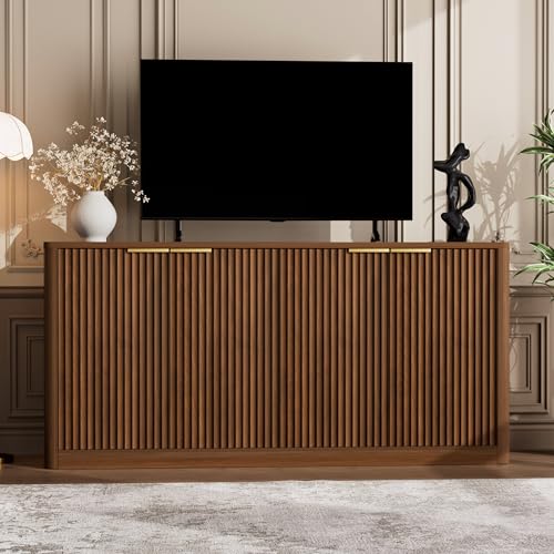 59" Buffet Sideboard Cabinet with Storage, Modern Fluted Accent Credenza with Shelves, Wood TV Console Stand 4 Doors, Sideboards for Office Living Room Hallway Kitchen, Walnut - color: Walnut-59.0"l 4 Doors