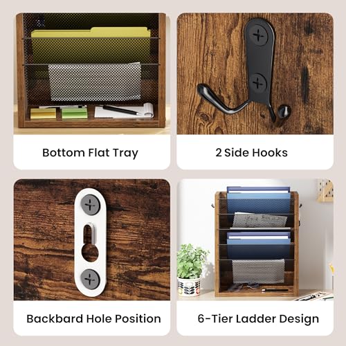 Mail Organizer Wall Mounted, 6-Slot Hanging File Organizer with Key Holder - color: Rustic Brown （wall Mount）