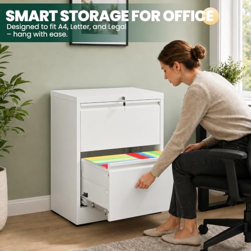 2 Drawer Lateral File Cabinet, 26.8"W Filing Cabinet for Home Office, White | Heavy-Duty Steel Locking File Cabinet, Hanging Letter/Legal/A4 Size, Full-Extension Drawer, Assembly Required - color: White, size: 2 Drawers (26.77 in Width)