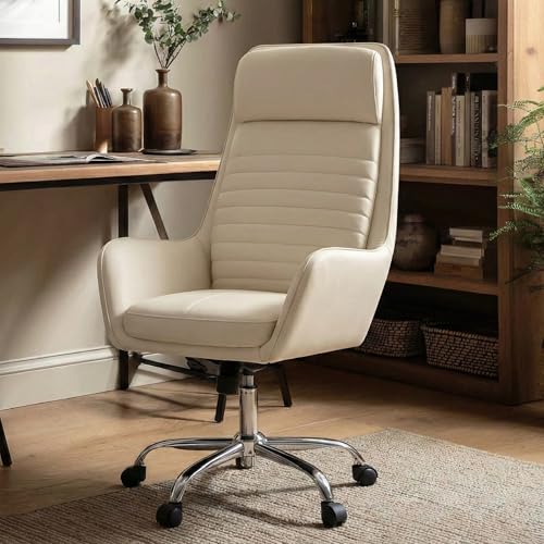 COLAMY Ellis High-Back Home Office Desk Chair, Leather Executive Chair with Integrated Armrests, Beige - color: Beige