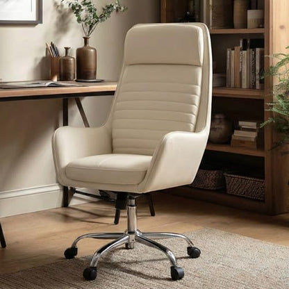 COLAMY Ellis High-Back Home Office Desk Chair, Leather Executive Chair with Integrated Armrests, Beige - color: Beige