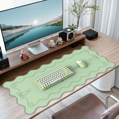 iCasso Green Scalloped Desk Cover Mat, Extra Large Mouse Pad, PU Leather Desk Pad Mat,Waterproof Writing Blotter for Desktop Protector, Non-Slip XXL Big Mousepad for Computer Office Dorm-Bow - color: Green Word