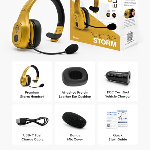 Blue Tiger Storm Gold - Premium Trucker Bluetooth Headset-Wireless Noise Canceling Mono Headset with Mic -High-Fidelity Sound, 30-Hour Talk Time, USB-C Charging - for Truck Drivers, Bluetooth 5.0 - color: Gold, style: Storm Gold