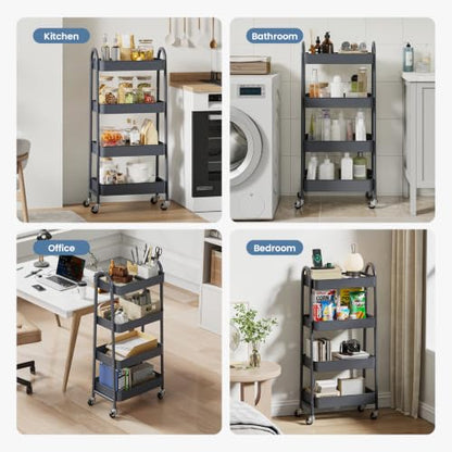 DUMOS 4 Tiers Rolling Utility Cart, Storage Organizer, Shelving Unit | Metal, Lockable Wheels, Mobile, Kitchen, Bathroom, Laundry, Narrow Places, Gray - color: 4-tier Deep Gray