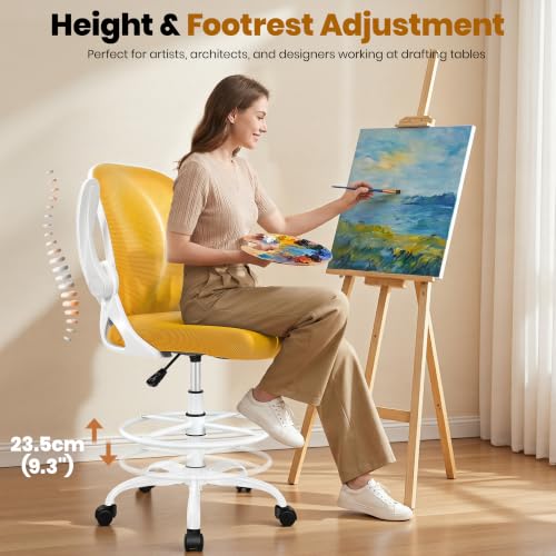Primy Drafting Chair Tall Office Chair with Flip-up Armrests Executive Ergonomic Computer Standing Desk Chair with Lumbar Support and Adjustable Footrest Ring (Mustard) - color: Mustard, size: 934-Z