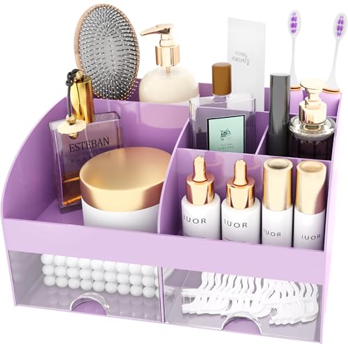 Makeup Organizer with Drawers, Cosmetic Storage for Dresser Vanity and Bathroom Countertop, Beauty Holder for Lipstick Brush, Skincare Organizer for Vanity, Cosmetic Display Case (Purple) - color: Purple