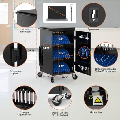 Meteteel 30 Device Charging Cart for Chromebook iPad Laptop K-12 | Fits 14-in devices, lockable storage, 30-outlet power strip, circuit breaker, cable management, casters, K-12 schools offices - size: 30 Tablet/Chromebook