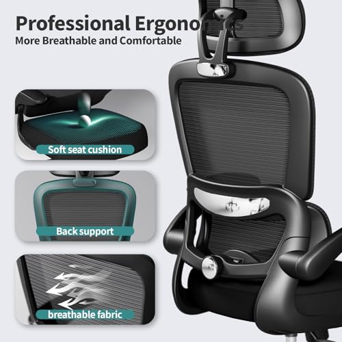 TRALT Office Chair Ergonomic Desk Chair - Gaming Chair with Lumbar Support | 330 LBS Home Office Desk Chairs with Headrest, Reading Chair with Flip-up Armrests, Comfortable Computer Chairs (1, Black) - color: Black