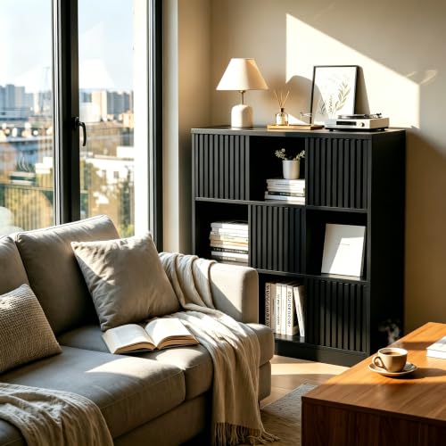 9 Cube Storage Organizer, Wooden Cube Shelves with Closed Back Panel, 3-Tier Storage with 5 Sliding Doors,Cubes Closet Organizer for Living Room,Office,Bedroom,Study,Hallway Black - color: B-black, size: 9 Cube Storage