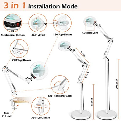 12X Real Glass Magnifying Glass with Light and Stand, LED 5 Color Modes, Stepless Dimmable Magnifying Floor Lamp, 3-in-1 Adjustable Swing Arm Lighted Magnifier Lamp with Clamp for Craft - White - color: White