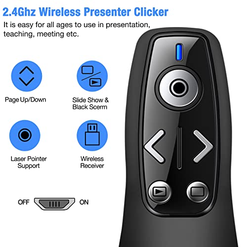 Presentation Clicker Wireless Presenter Remote for PowerPoint, RF 2.4GHz USB Powerpoint Clicker with Hyperlink & Volume Control PowerPoint Slide Advancer for Mac, Computer, Laptop - color: Black-Red Light