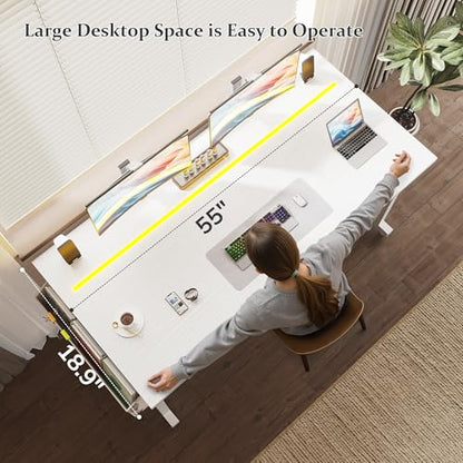 DurayLoly 55 Inch Computer Desk with Waterproof LED Lights for Bedroom - color: White, size: 55 Inch