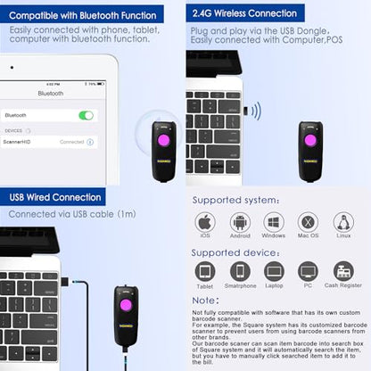 NADAMOO Wireless Barcode Scanner Compatible with Bluetooth Function, 2.4G Wireless & Wired 3-in-1 Bar Code Scanner Portable USB CCD Reader, Work with Tablet iPhone iPad Android Windows Mac OS-Purple - color: Purple