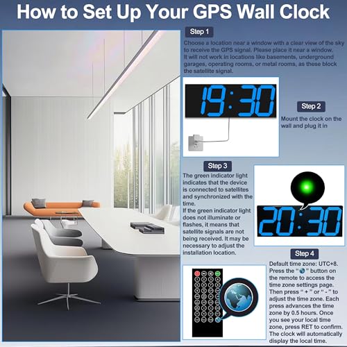 CHKOSDA 18.7 Inch Large Digital Wall Clock with GPS Auto-Sync Time - Blue | 164ft Visibility, No Wi-Fi, 8-Level Dimming, Timer, Remote, Wall-Mounted, for Living Room, Office, Classroom, Garage - color: 18.7" Gps Auto-sync Wall Clock-blue