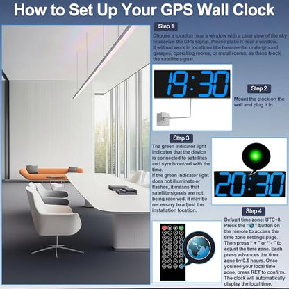 CHKOSDA 18.7 Inch Large Digital Wall Clock with GPS Auto-Sync Time - Blue | 164ft Visibility, No Wi-Fi, 8-Level Dimming, Timer, Remote, Wall-Mounted, for Living Room, Office, Classroom, Garage - color: 18.7" Gps Auto-sync Wall Clock-blue