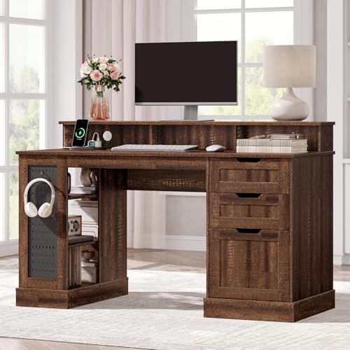 55inch Farmhouse Executive Desk with 2 Drawers and File Cabinet, Computer Desk with 3-Tier Storage Shelves, Home Office Desk with Charging Station, Pegboard and Monitor Shelf, Brown - color: Brown