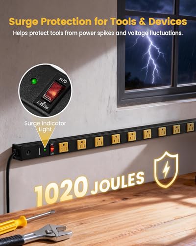 SURAIELEC 12 Outlet Industrial Long Power Strip Surge Protector, 15 FT Cord - size: Flat Plug - 1 Pack