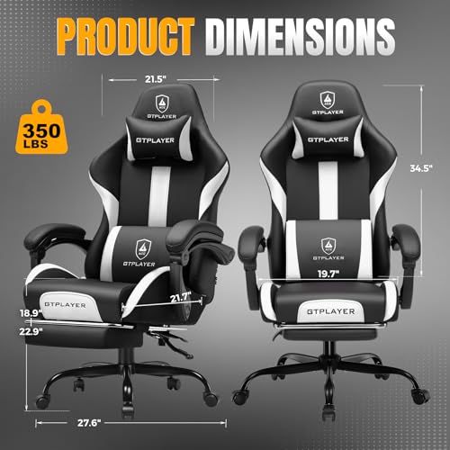 GTPLAYER Gaming Chair with Foot Rest & Pocket Spring Cushion, Ergonomic High Back Computer Chair with Headrest & 360°-Swivel Seat for Home Office Desk, PU Leather, White/Black - color: White-black, size: Faux Leather