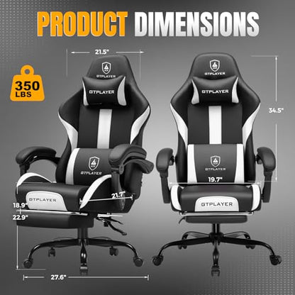 GTPLAYER Gaming Chair with Foot Rest & Pocket Spring Cushion, Ergonomic High Back Computer Chair with Headrest & 360°-Swivel Seat for Home Office Desk, PU Leather, White/Black - color: White-black, size: Faux Leather